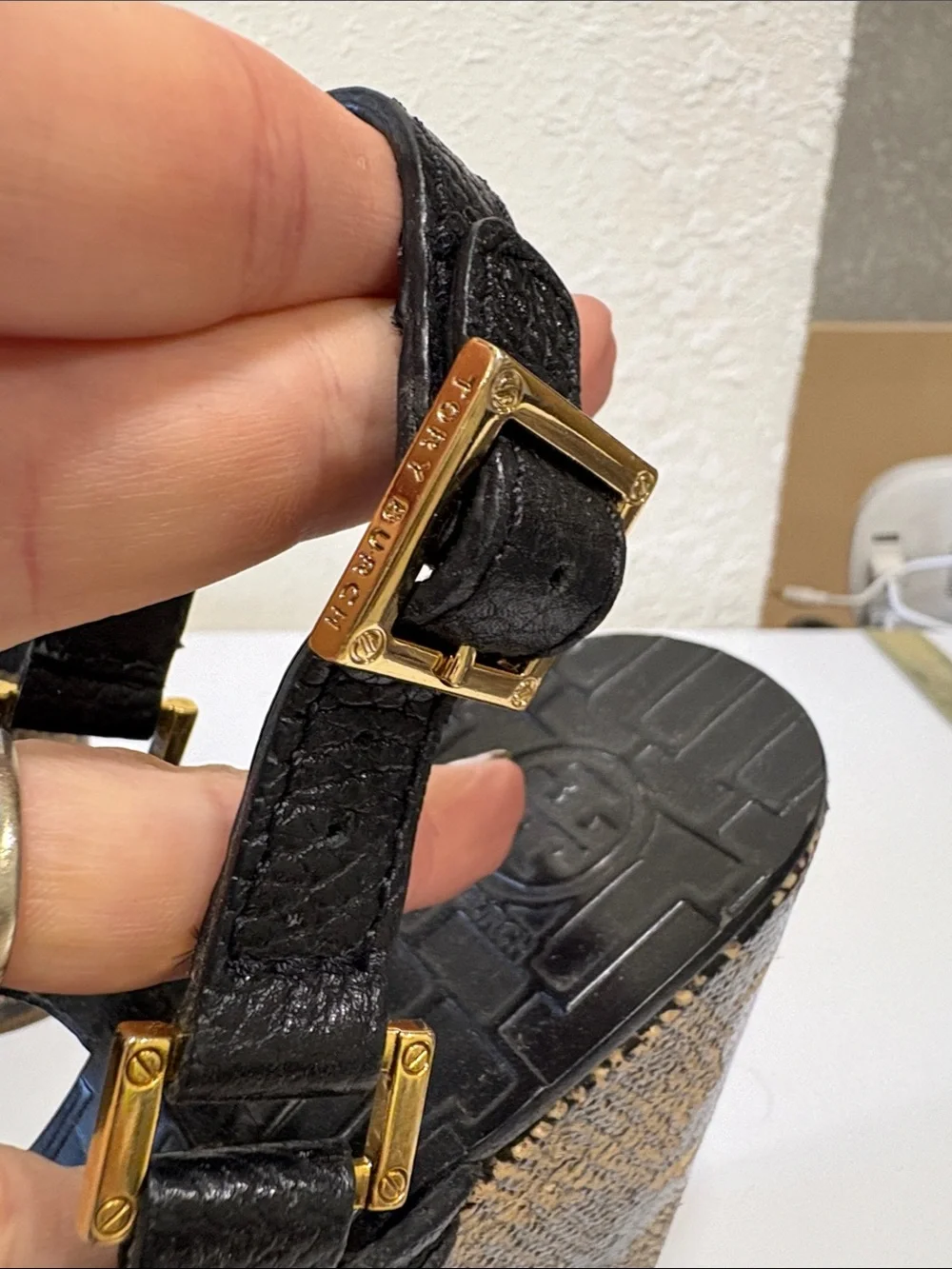 Tory Burch Black and Tan Snake-Print Platform Wedge Sandals with Gold Buckles